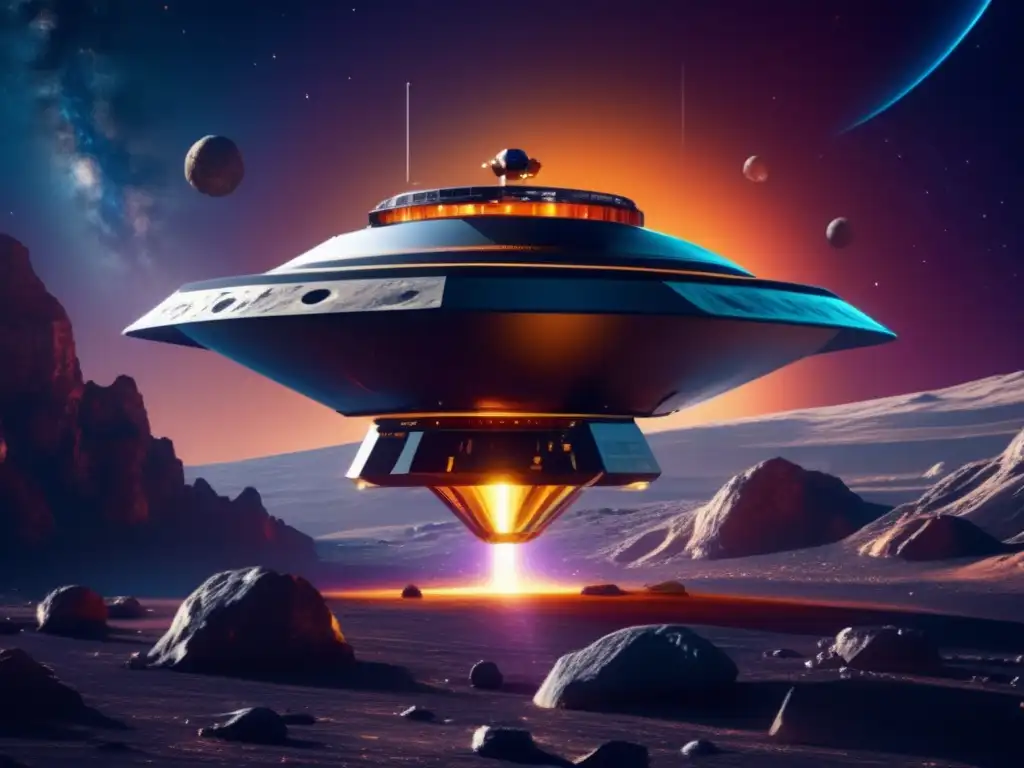 Sonda espacial futurista en asteroide Sonda espacial futurista explorando asteroide: Exploración de asteroides rentable