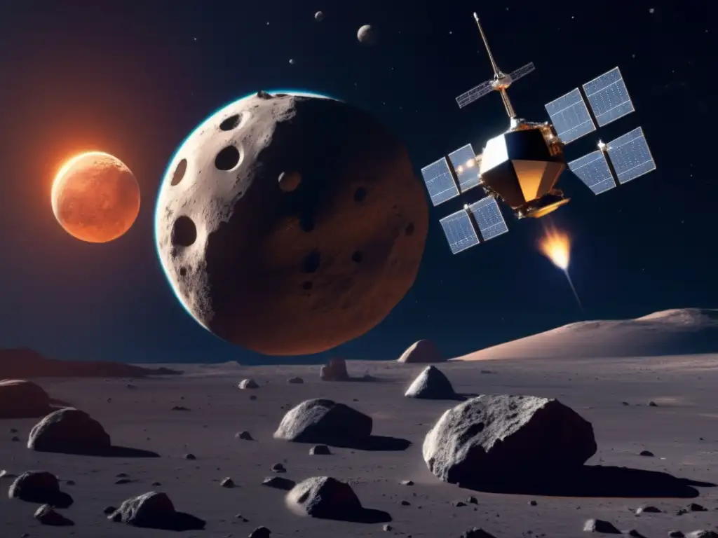 Sonda espacial futurista en asteroide Sonda espacial futurista en asteroide, desafíos ingeniería espacial aterrizaje NEO