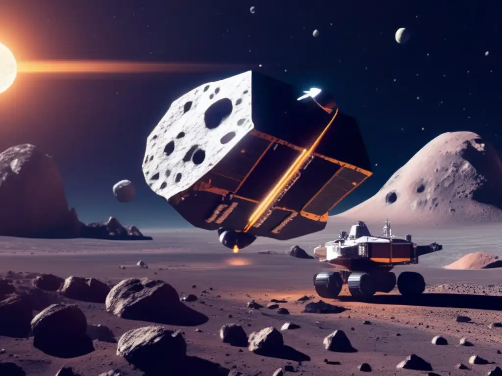 Explorando asteroides: Futurista sonda minera Sonda espacial futurista explora asteroides: Excitante exploración internacional asteroides, recursos, tecnología avanzada y regulaciones