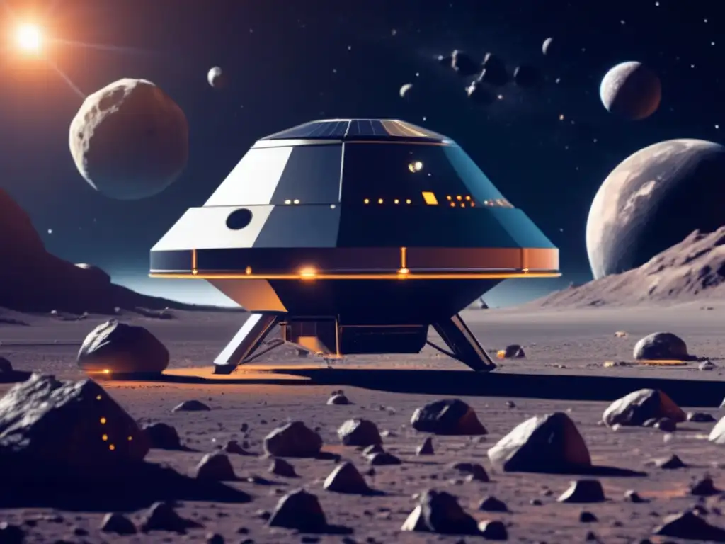 Sonda espacial futurista en asteroide Sonda espacial futurista y asteroides en órbita, resalta el desarrollo de escudos contra asteroides