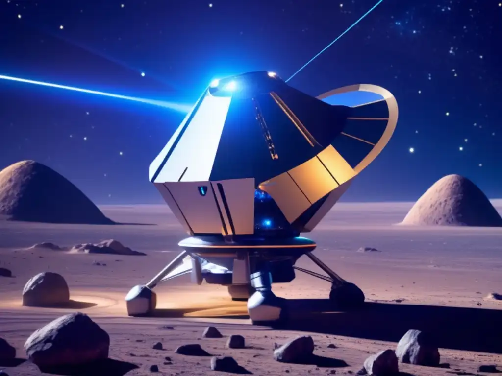 Sonda espacial futurista capturando datos de un asteroide en órbita hiperbólica, destacando sus detalles y composición misteriosa