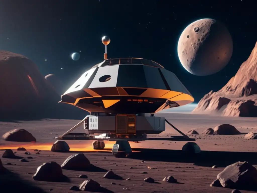Sonda espacial futurista estudiando asteroide Una sonda espacial futurista estudia el impacto de asteroides en la Tierra y su explotación, revelando detalles increíbles