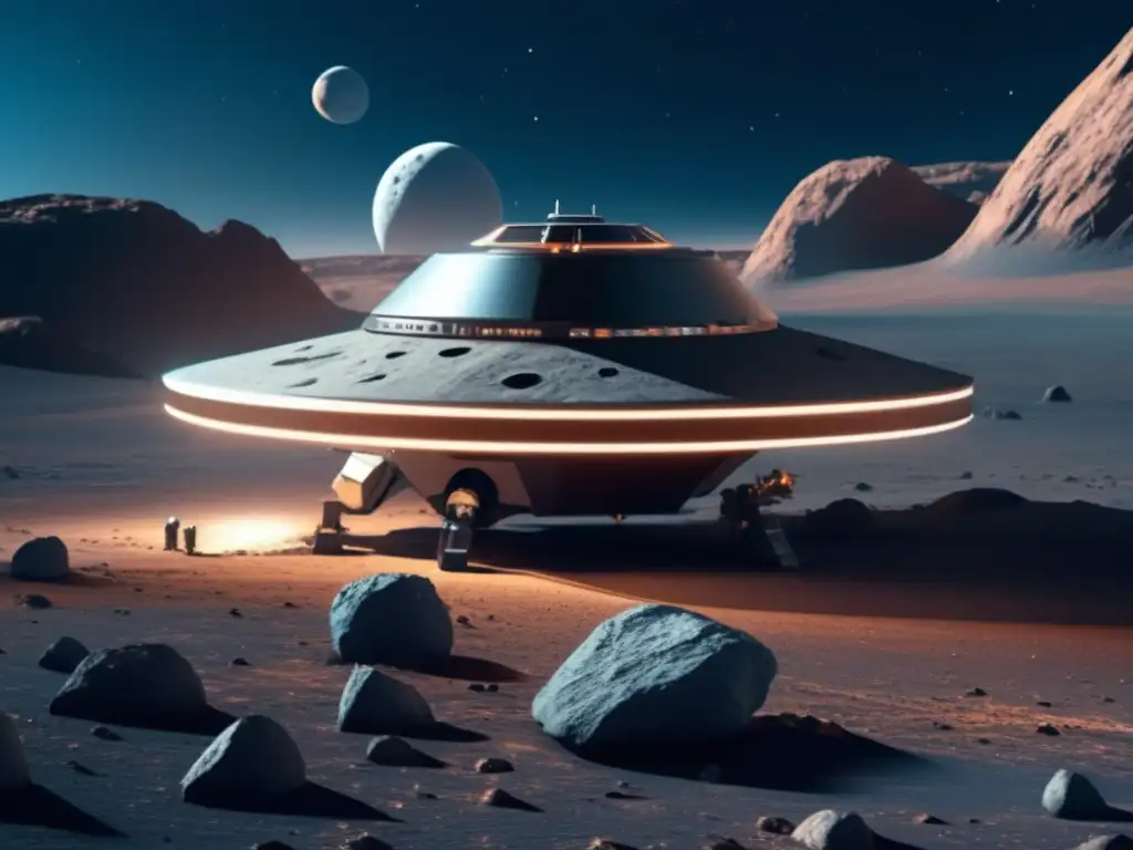 Exploración futurista en asteroide Sonda espacial recolecta muestras en asteroide tipo C