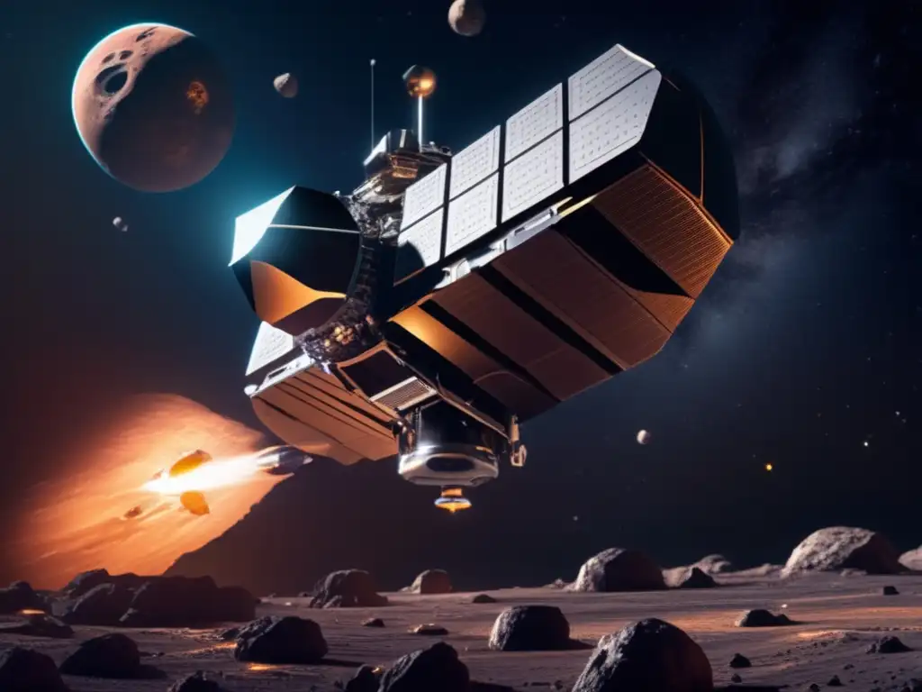 Sonda espacial recolectando muestras Sonda espacial ética bioprospección, 8k ultradetallada, recolecta muestras asteroide