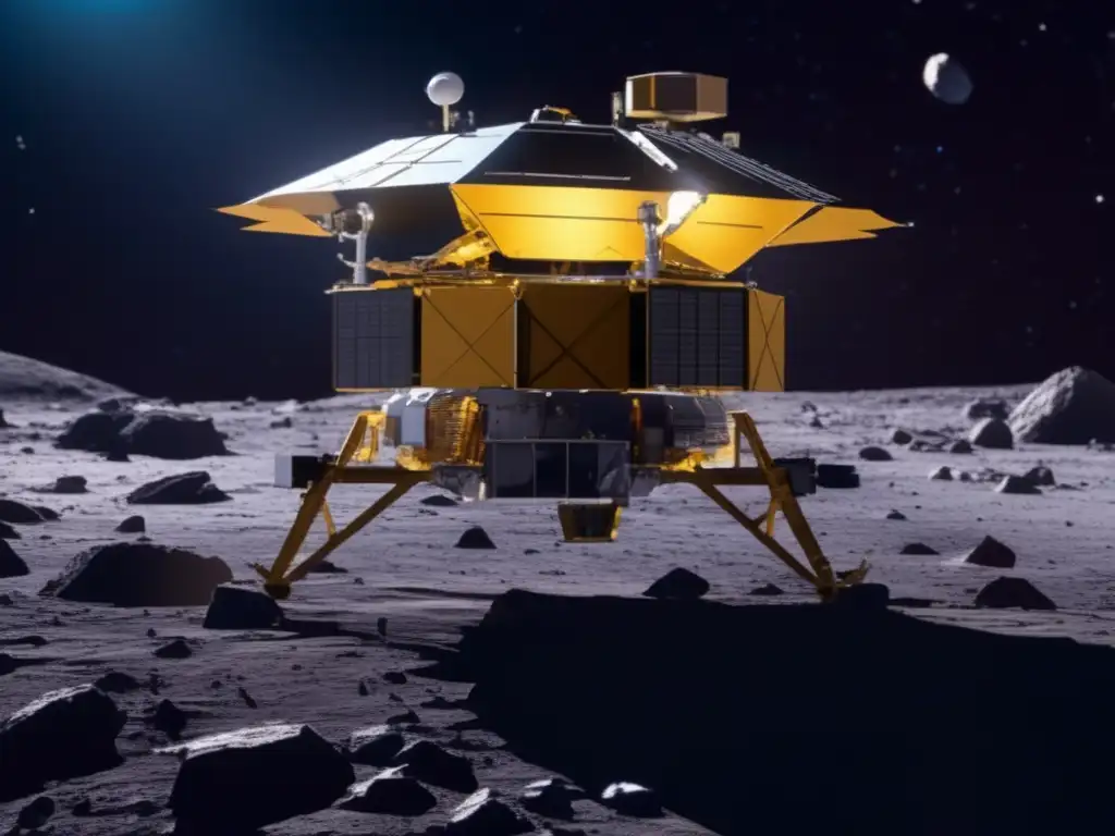 Sonda espacial recolecta muestras en asteroide Sondeo espacial: sonda futurista sobre asteroide Ryugu, recolectando muestras en entorno estelar