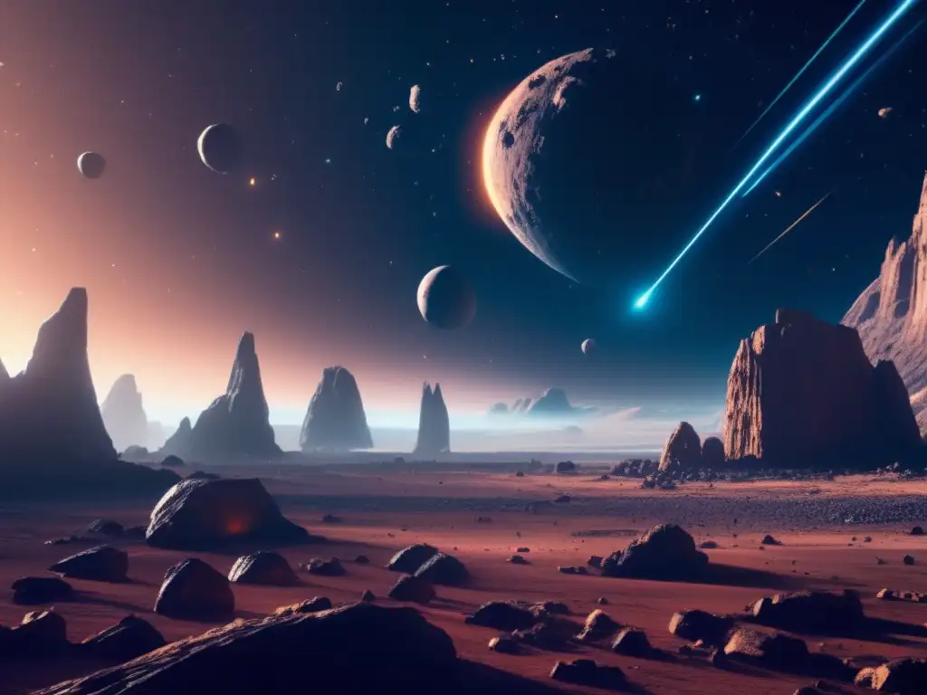 Extracción sostenible recursos asteroides: equipo avanzado y astronautas trabajando en un campo de asteroides