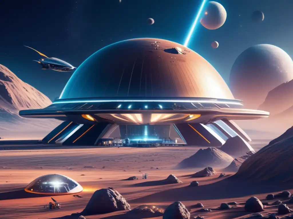 Futuro espacioport en asteroide Un spaceport futurista en un asteroide 8k con arquitectura metálica y naves avanzadas