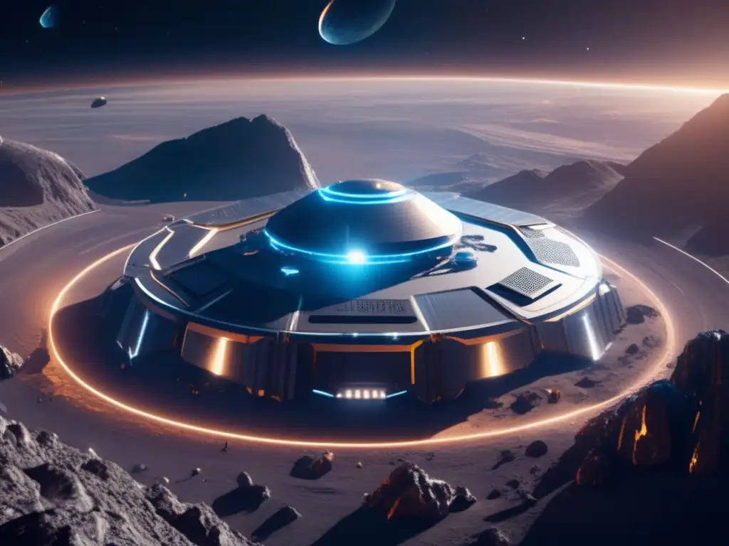 Futuro centro minero en asteroide Startups de asteroides prometedoras en instalación minera futurista de 8K en asteroide espacial con recursos valiosos
