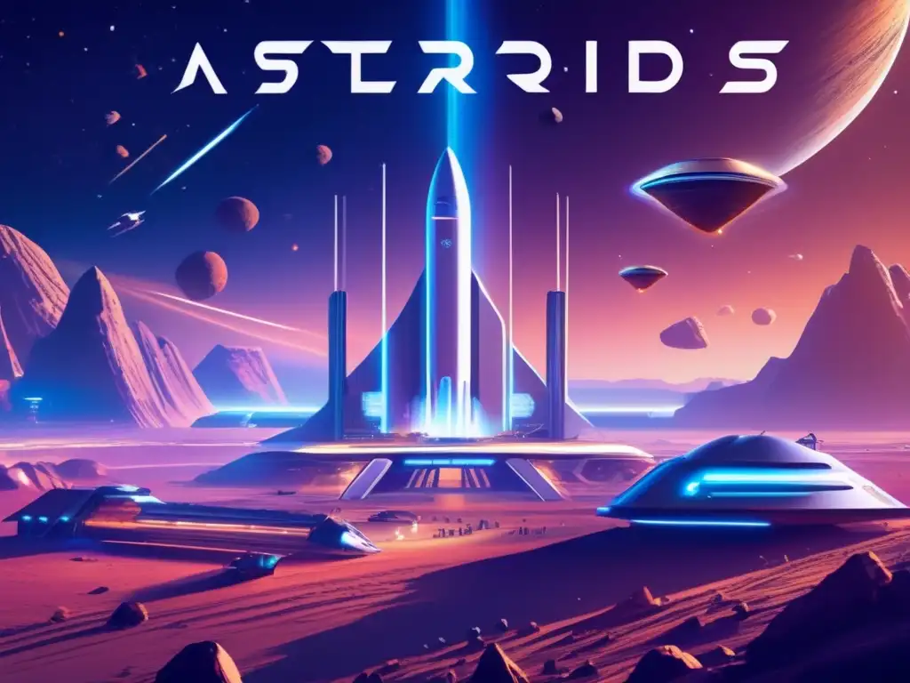 Startups revolucionando viajes espaciales en un puerto espacial futurista rodeado de asteroides