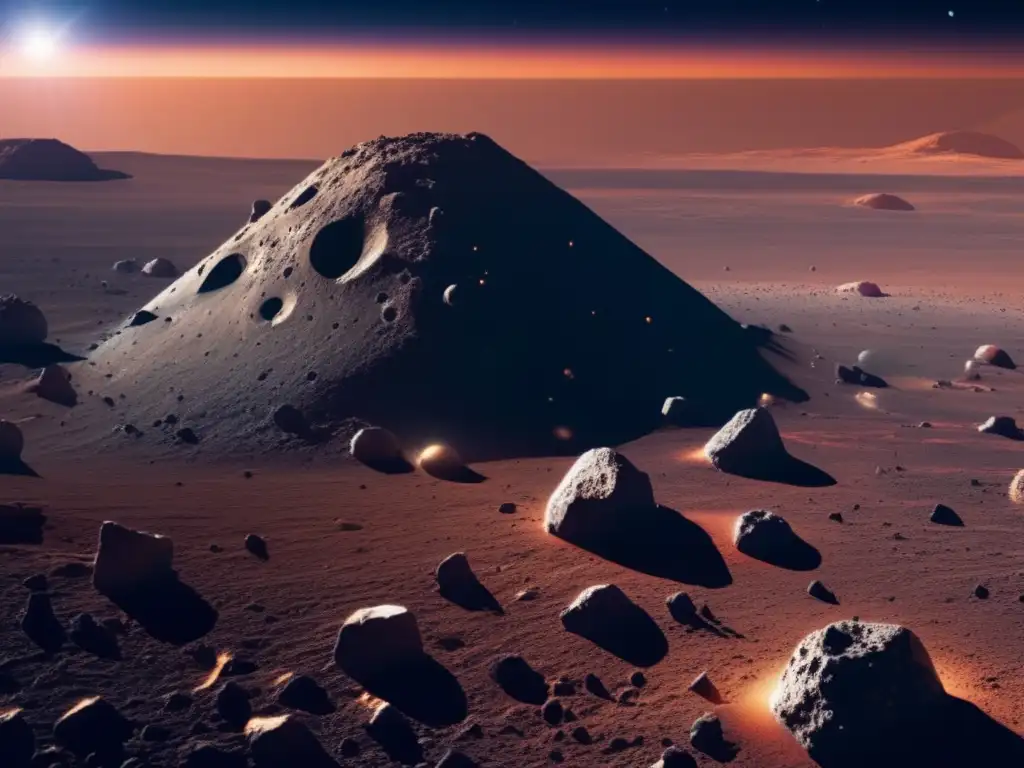 Superficie de asteroide con cráteres y minerales coloridos Superficie de asteroide: búsqueda de compuestos orgánicos, cráteres, minerales brillantes, cosmos y exploración de vida extraterrestre