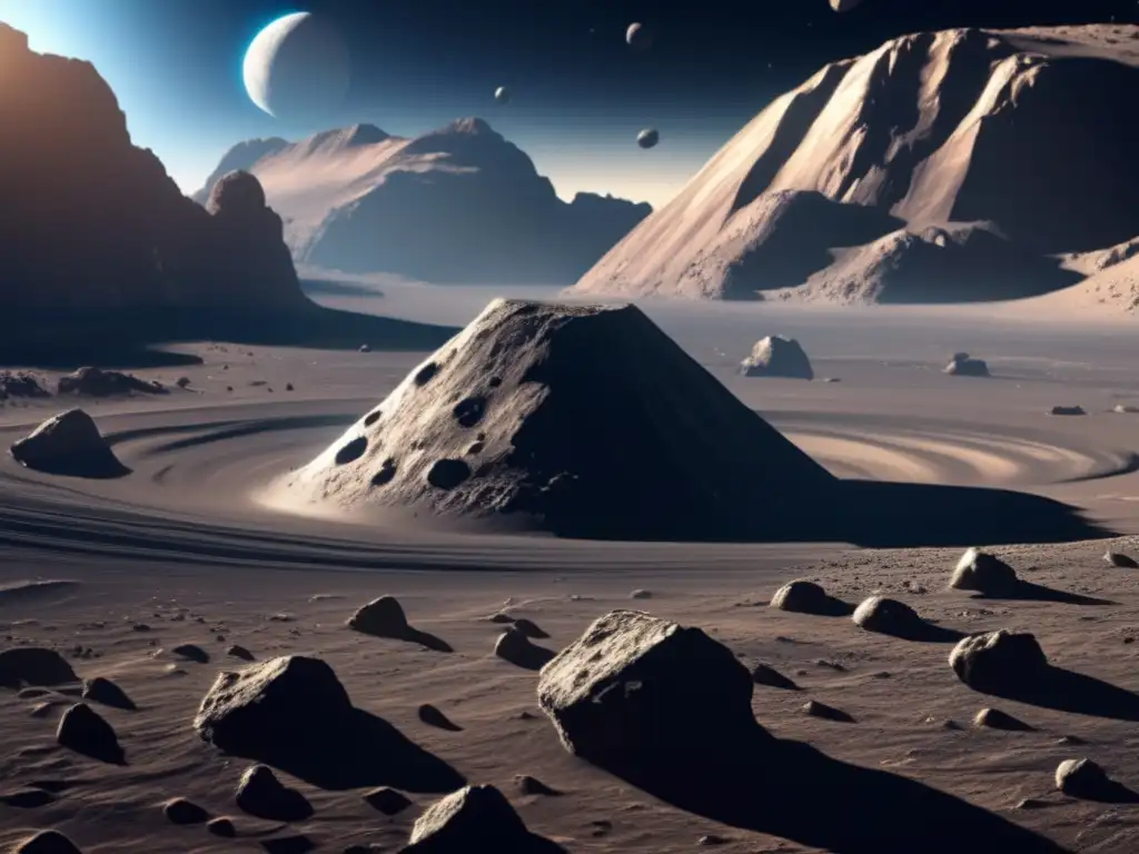 Superficie detallada de asteroide con terreno rugoso, formaciones geológicas únicas y cráteres