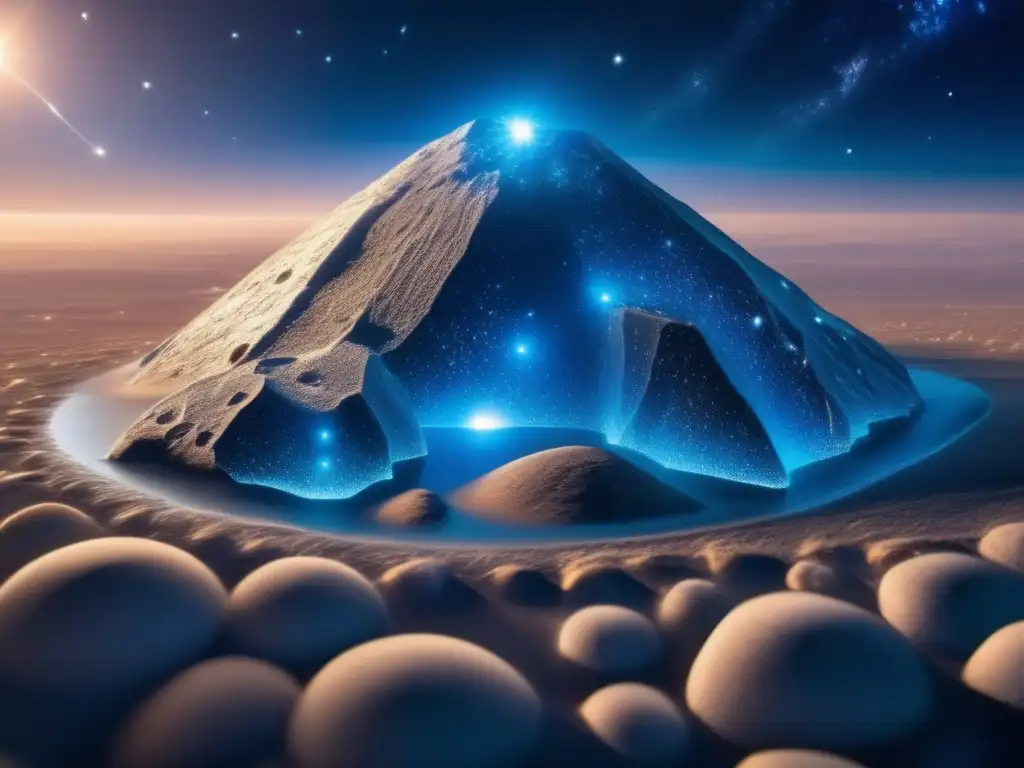 Superficie hipnótica de asteroide: minerales y hielo Superficie fascinante de asteroide con formaciones minerales y hielo, exploración de hielo en asteroides