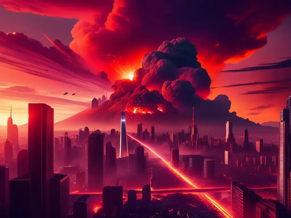 Ciudad distópica bajo asedio de asteroide Supervivencia en apocalipsis asteroides: ciudad en ruinas, cielo rojo sangre, destrucción y caos