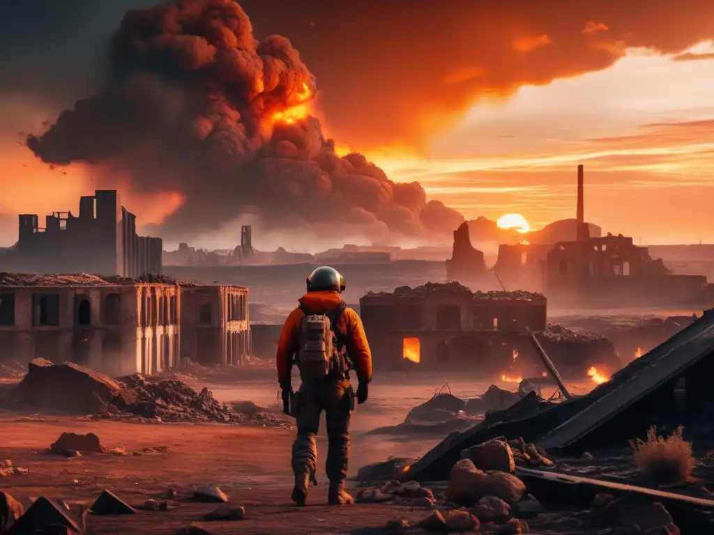 Paisaje postapocalíptico con figura solitaria Supervivencia en la devastación: Un paisaje postapocalíptico de una ciudad desolada por un impacto de asteroide
