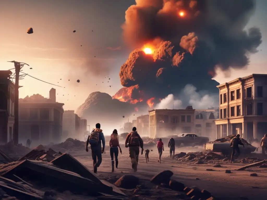 Ciudad destruida tras impacto de asteroide Supervivencia tras impacto de asteroide: resiliencia humana en ruinas