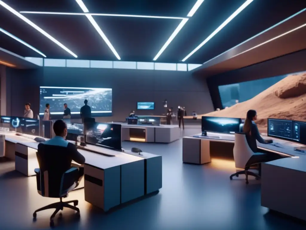 Espacio de trabajo futurista con actividades y modelos de asteroides Talleres prácticos de modelado de asteroides en un espacio futurista con estaciones de trabajo modernas, software avanzado y participantes entusiastas