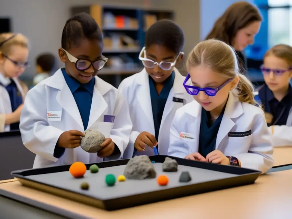 Estudiantes entusiastas en taller práctico de modelado de asteroides Talleres prácticos de modelado de asteroides con estudiantes entusiastas y creativos construyendo modelos en un espacio moderno y bien equipado