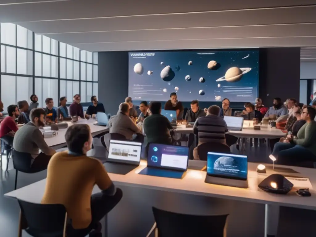 Taller de modelado de asteroides con entusiastas de la astronomía Talleres prácticos de modelado de asteroides: Aspirantes a astrónomos construyen modelos detallados de asteroides en un taller iluminado con luz natural y rodeado de elementos inspiradores