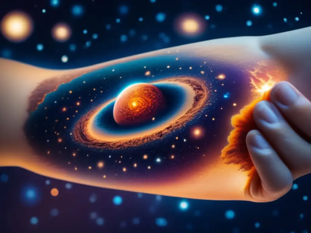 Tatuaje celestial: Asteroide brillante rodeado de polvo cósmico en un tatuaje realista con detalles intrincados