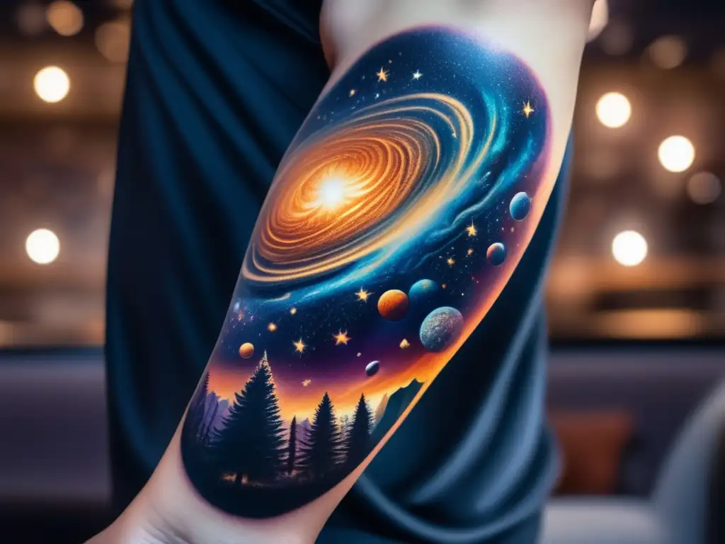 Tatuaje celestial con asteroides en brazo