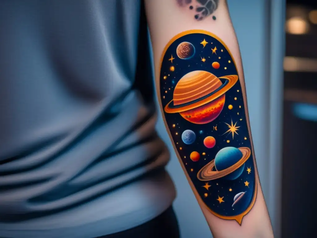 Tatuaje estelar con asteroides: brazo adornado con una escena celestial vibrante, planetas y asteroides orbitando