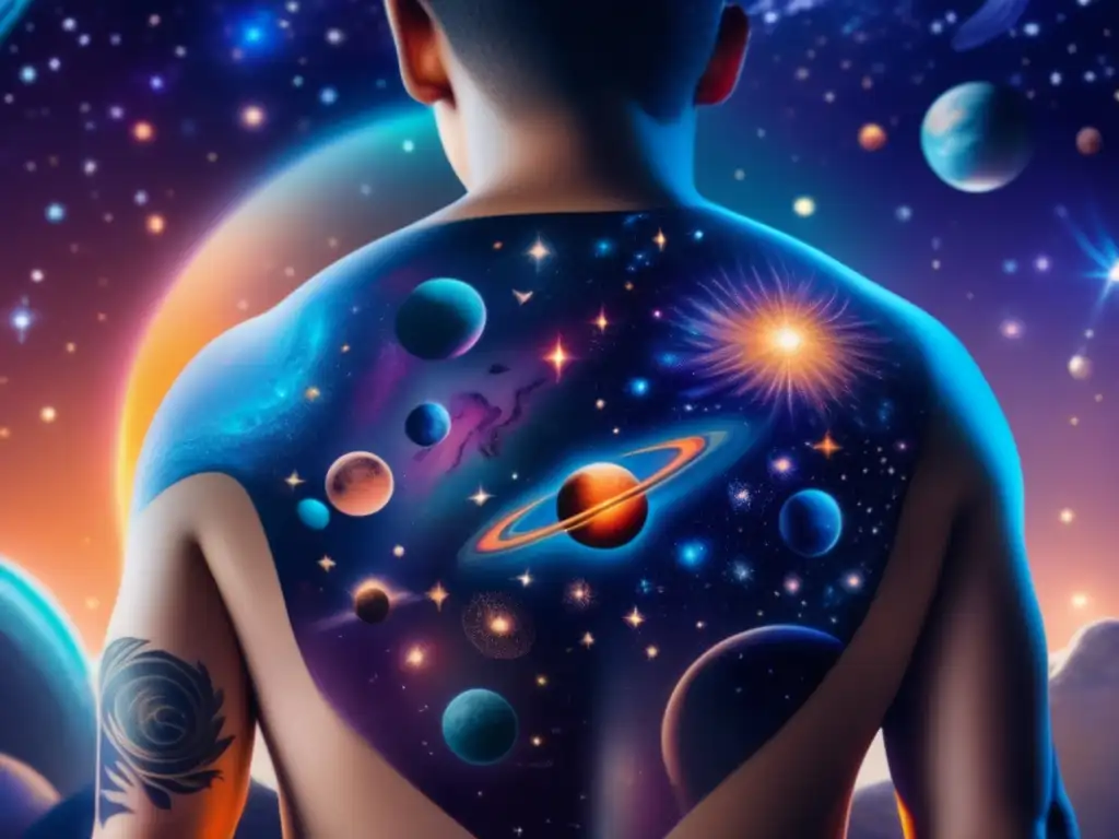 Tatuaje estelar con asteroides: detallada imagen 8k de una espalda cubierta por un hipnotizante tatuaje celestial