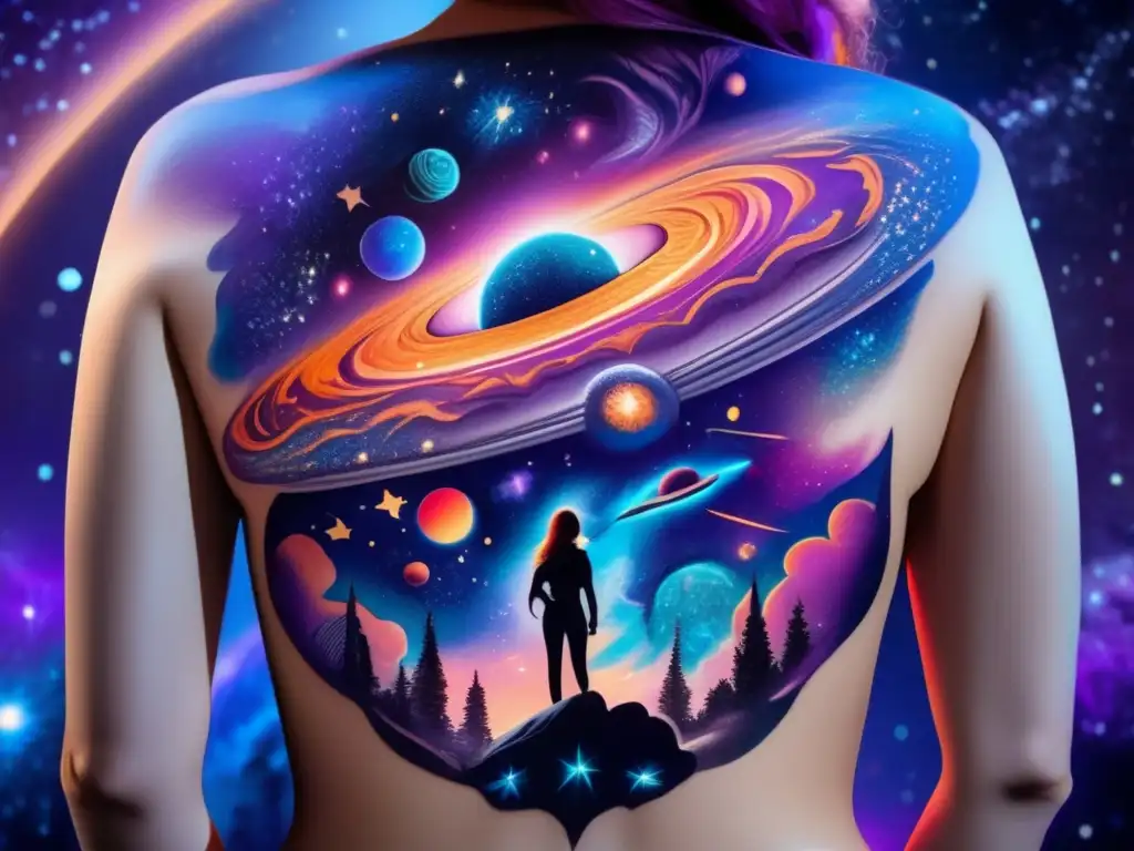 Tatuajes estelares con asteroides: espalda detallada, diseño intrincado y vibrante, escena cósmica impactante