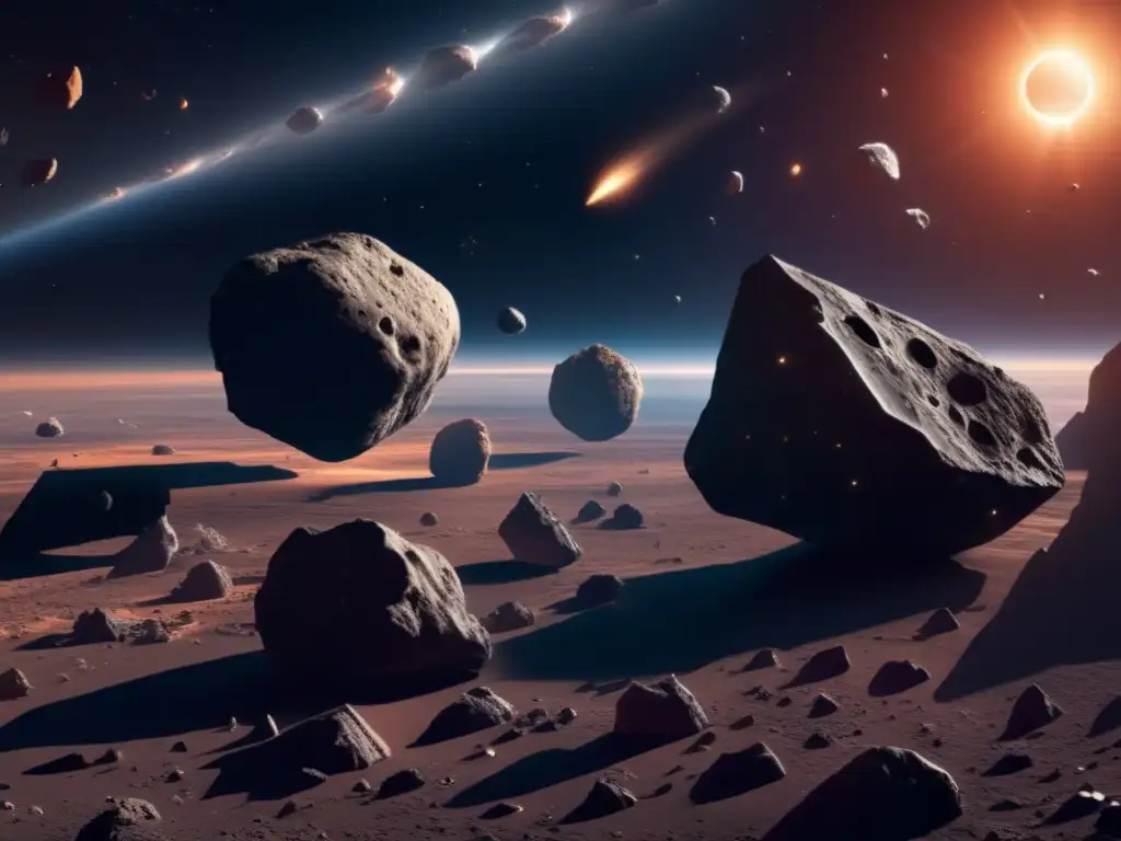Colección diversa de asteroides flotando en el espacio Taxonomía asteroides grandes forma tamaño, escena impresionante de asteroides flotando en el espacio, con formas únicas y tamaños diversos