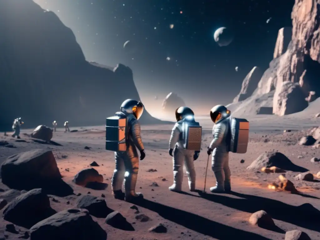 Científicos en asteroide, explotación de recursos Técnicas vanguardistas explotación asteroides: científicos en trajes espaciales, maquinaria avanzada y cosmos infinito