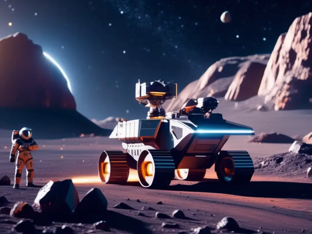 Operación minera espacial futurista en asteroide Técnicas vanguardistas explotación asteroides