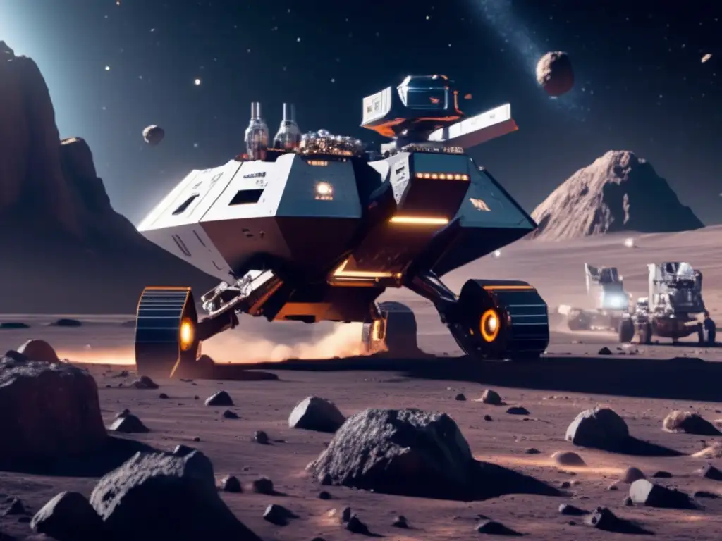 Operación minera espacial en asteroide Técnicas vanguardistas explotación asteroides: Operación minera futurista en un asteroide, con detalle ultradetallado en 8K