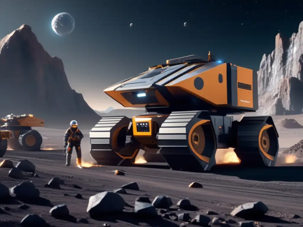 Futuro de la minería espacial Técnicas vanguardistas explotación asteroides: operación minera futurista en asteroide con vehículos robóticos avanzados y paisaje espacial