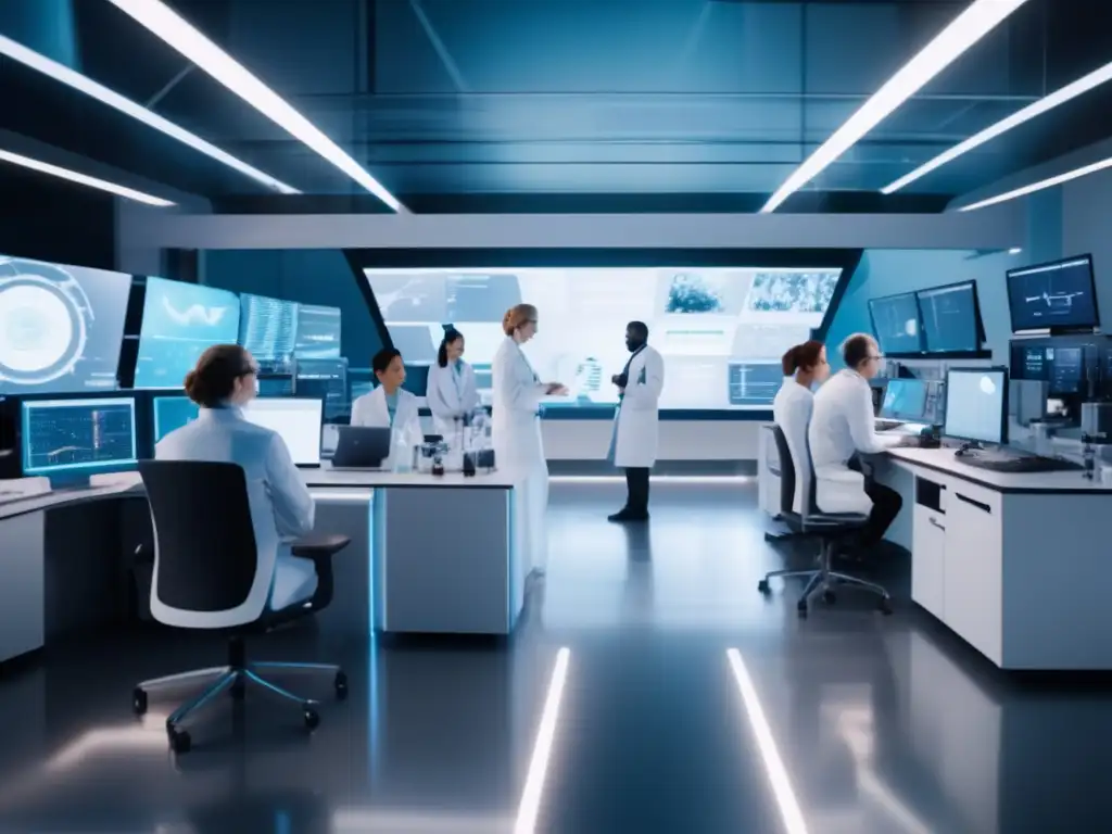 Científicos analizando asteroides en laboratorio Tecnología de detección de asteroides basálticos avanzada en laboratorio hightech con científicos analizando datos