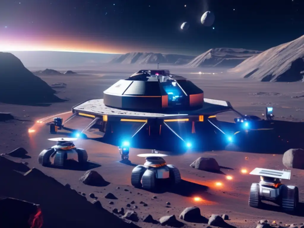 Futurista centro minero en asteroide Tecnología para terraformar asteroides en una mina futurista rodeada de espacio cósmico