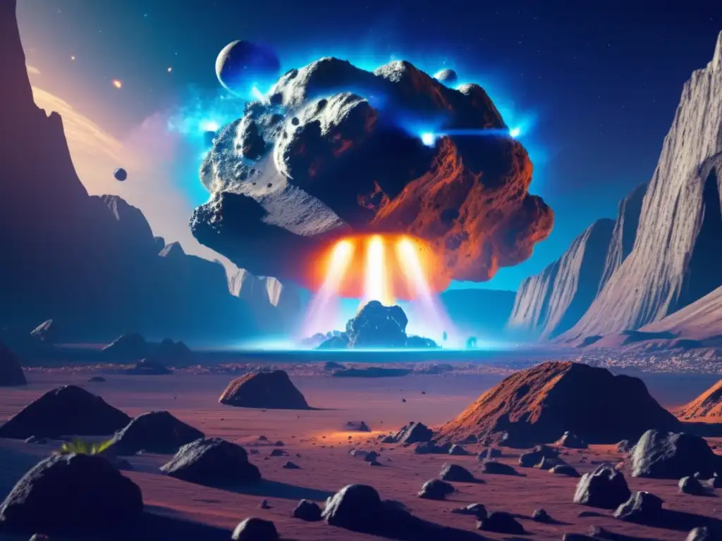 Nave espacial futurista en asteroide Tecnología para terraformar asteroides: Nave espacial futurista sobre asteroide, con potentes motores azules y detalles intrincados