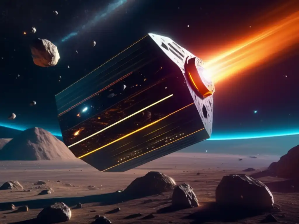 Futuro minero de asteroides Tecnología avanzada monitoreo asteroides: Imagen impresionante de minería en asteroide con nave futurista, minerales brillantes y equipo de extracción