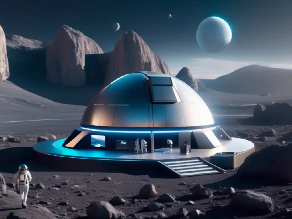 Estación espacial futurista en asteroide Tecnología avanzada monitoreo asteroides en estación espacial futurista
