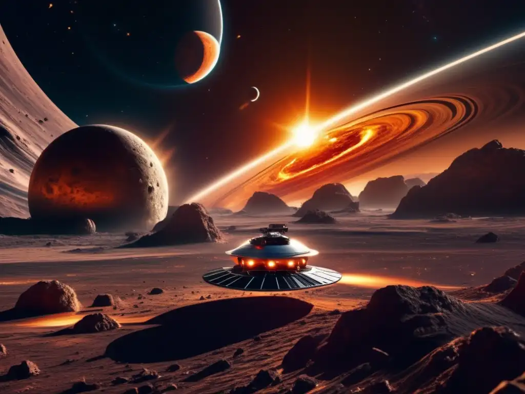 Imagen detallada de espacio con sol y sonda espacial Tecnología avanzada monitoreo asteroides en el espacio