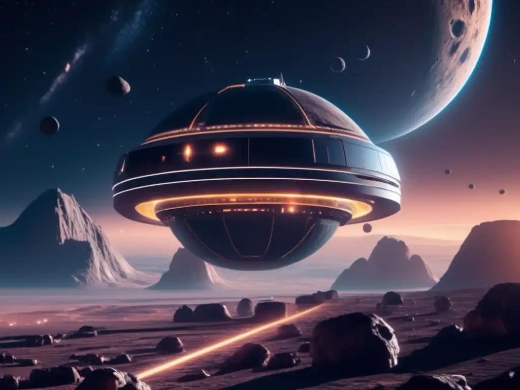 Estación espacial futurista en asteroide Tecnología avanzada monitoreo asteroides: Estación espacial futurista orbitando asteroide