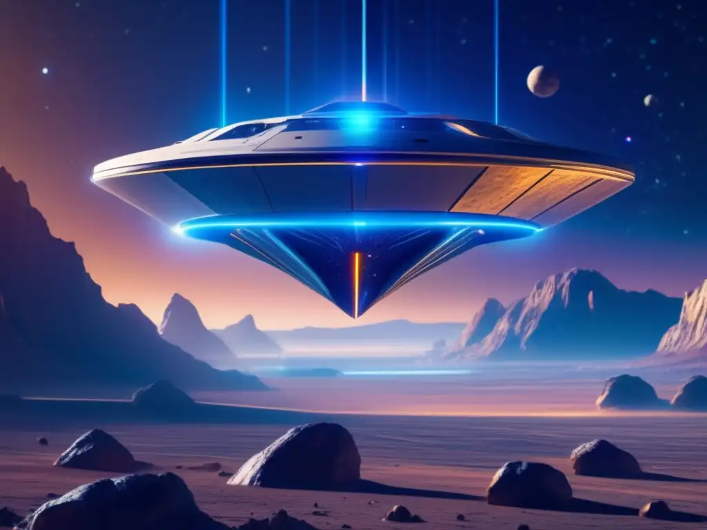 Nave futurista en asteroides Tecnología avanzada en nave espacial explorando asteroide con recursos
