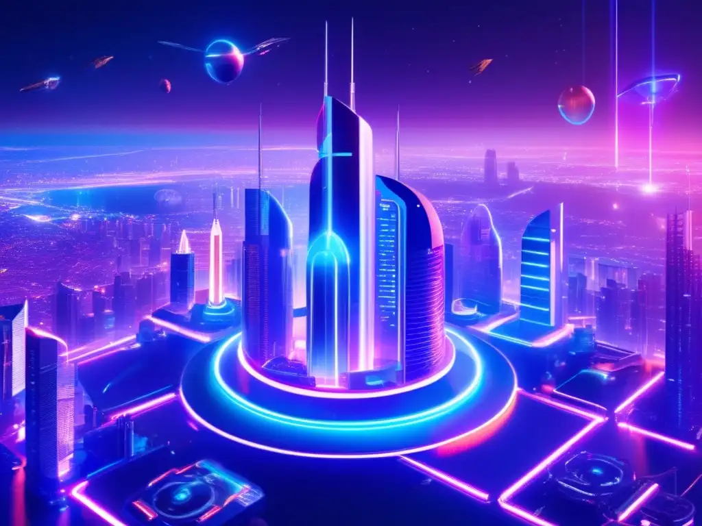 Ciudad futurista y tecnología influenciada por asteroides Tecnología cotidiana y asteroides en una ciudad futurista con rascacielos iluminados por luces de neón