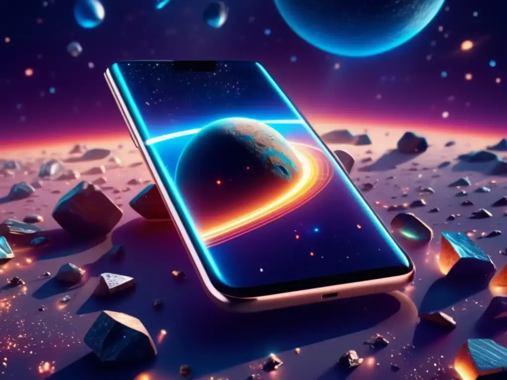Smartphone futurista flotando en el espacio Tecnología cotidiana y asteroides en un impresionante y detallado smartphone flotando en el espacio rodeado de un campo de asteroides hipnotizante
