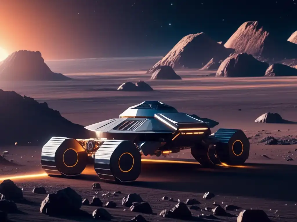 Minera espacial futurista en asteroide Tecnología cotidiana y asteroides: Operación minera espacial en un asteroide, con maquinaria avanzada y paisajes impresionantes