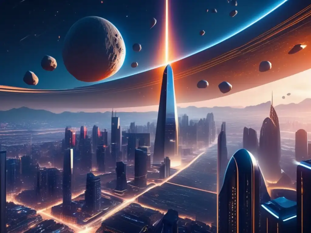 Futurista ciudad integrada con asteroides Tecnología humana fusionada con asteroides en una ciudad futurista con rascacielos y estructuras celestiales