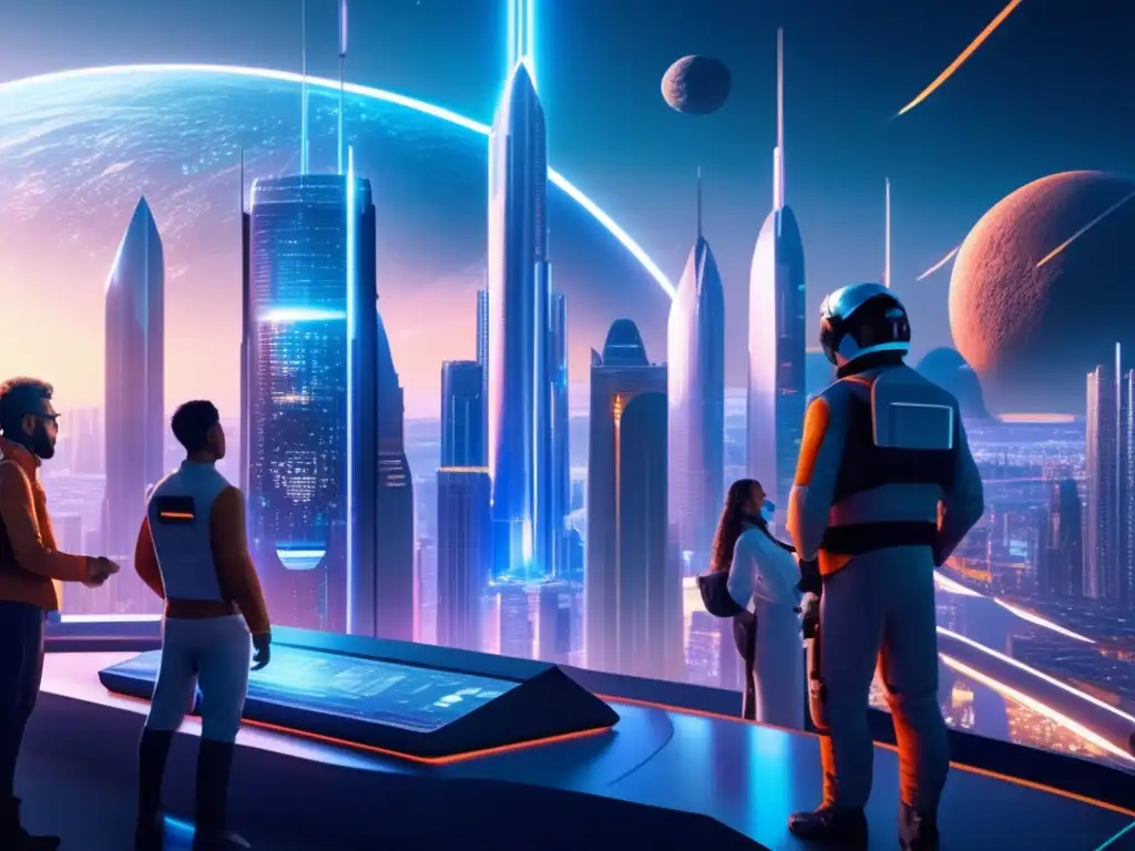 Futurista ciudad con tecnología avanzada Tecnología humana fusionada asteroides en una ciudad futurista con rascacielos, tecnología avanzada y científicos trabajando