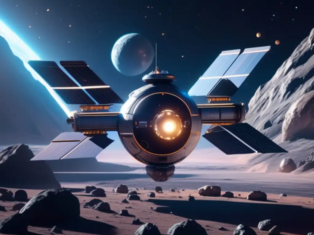 Estación espacial futurista en asteroide Tecnología humana fusionada asteroides en imagen futurista de estación espacial y asteroide vibrante