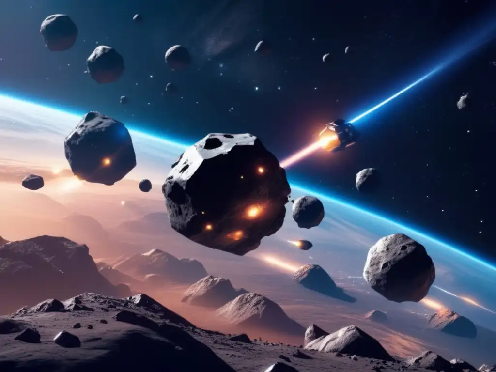 Futuro espacio de exploración y conquista Tecnología humana fusionada asteroides: estación espacial futurista rodeada de asteroides y paisaje cósmico