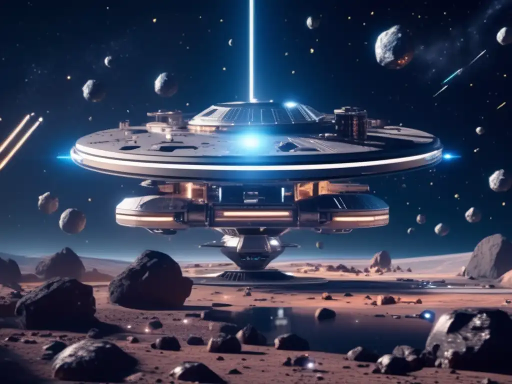 Estación espacial futurista y minera en el espacio Tecnología humana fusionada asteroides: estación espacial futurista, asteroides ricos en minerales, astronautas y brazos robóticos