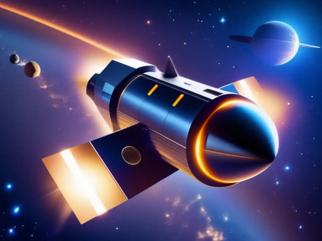 Tecnología de propulsión iónica en Deep Space 1 en el espacio con una nebulosa vibrante