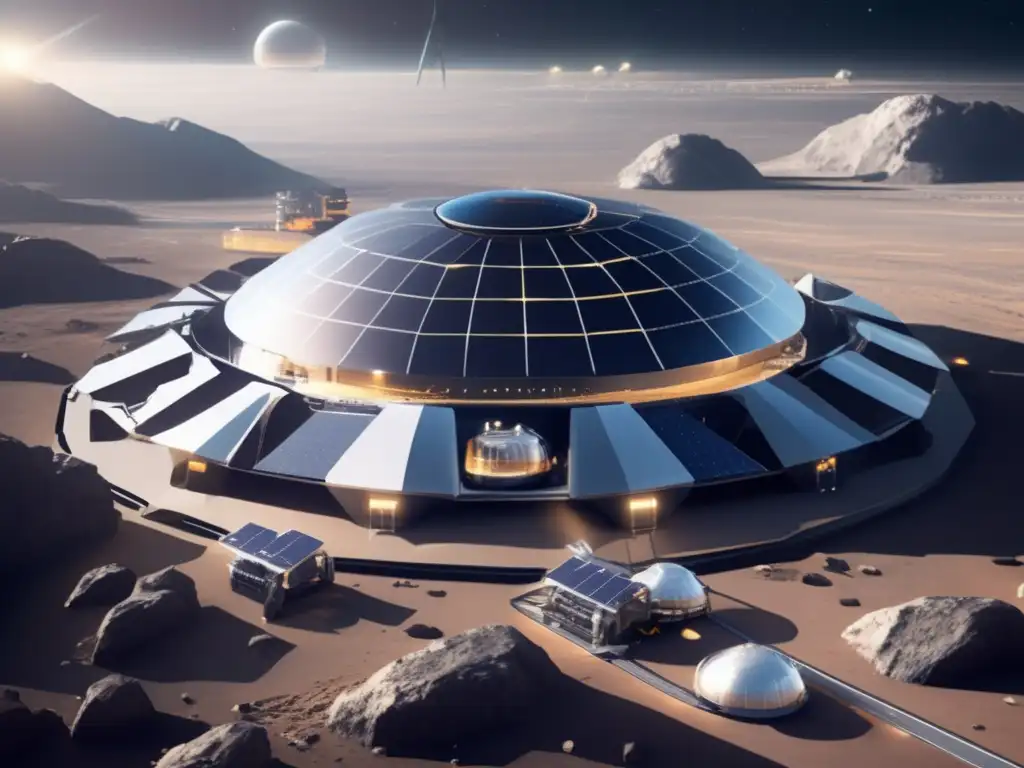 Tecnología limpia para minería espacial en una instalación futurista en un asteroide, con paneles solares y turbinas eólicas